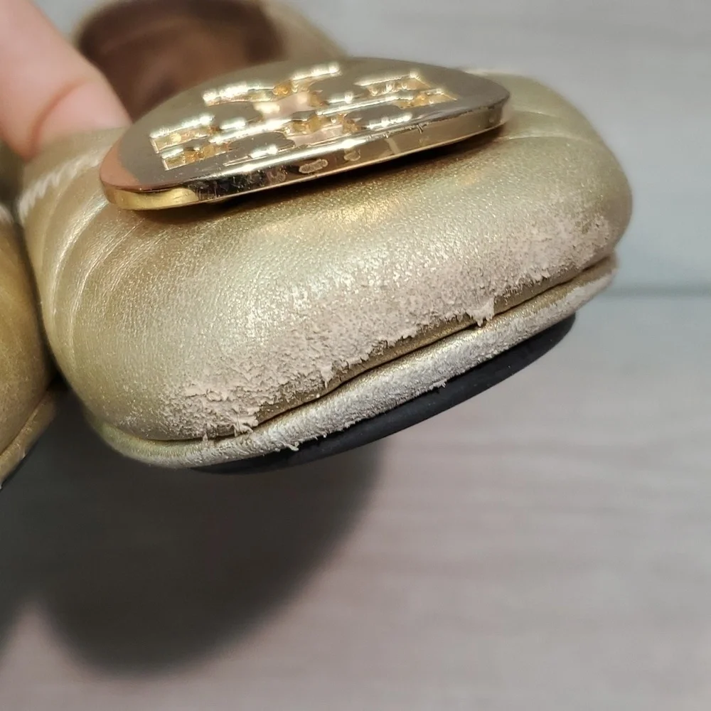 Tory Burch Women Logo Metallic MinnieLeather Gold Loafer Flat Ballet shoes sz 9M